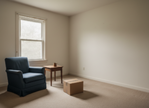 a mid-century post-war one-bedroom apartment, beige low-pile carpet, painted-over cream walls, a double-hung window with