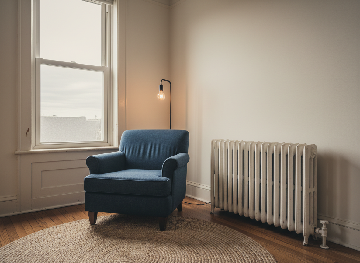 the same mid-century post-war apartment, a corner of the room showing the cream double-hung window with the old painted