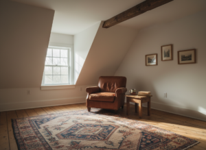 a top-floor walk-up apartment with a white-painted sloped ceiling and one exposed dark beam, wide pine plank floors, a s