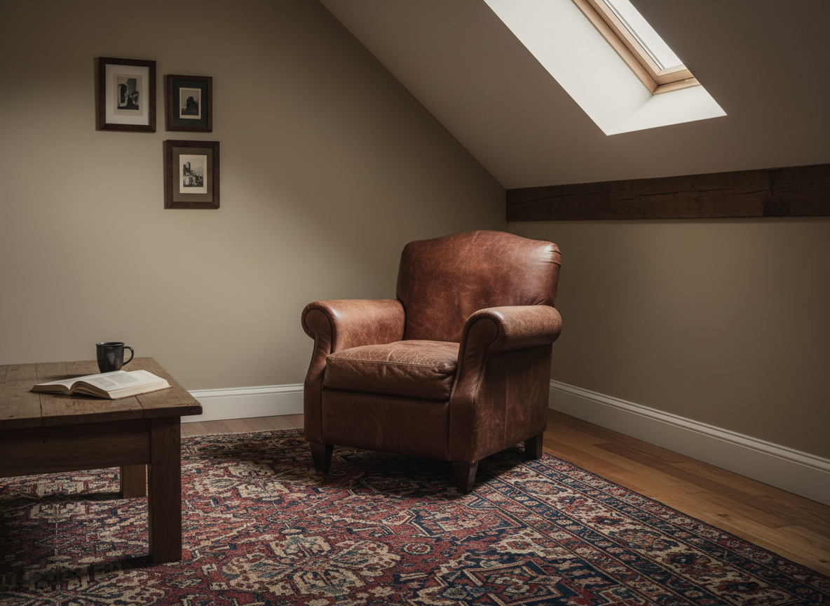 the same top-floor walk-up, the cocoa leather chair now turned to face into the room and anchor the space under the slop