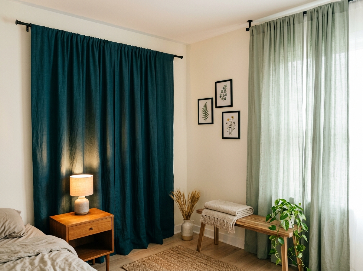 A rental bedroom showing two seasonal wall treatments side by side: on the left wall, a deep teal gathered fabric panel behind a tension rod with warm amber light from a smart bulb in the bedside lamp; on the right wall, a lighter version with sage linen curtains floor-to-ceiling and three small botanical framed prints clustered above a wooden bench, suggesting how the same wall can be redressed by season without paint