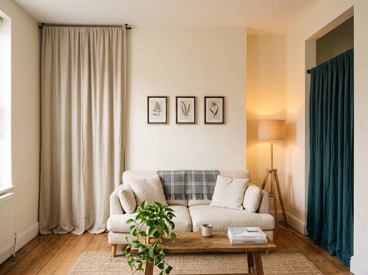 A rental living room with bare cream-painted walls showing several no-paint wall treatments in use: a tall floor-to-ceiling oatmeal curtain panel along one wall mounted on a ceiling-fixed rod, a gathered fabric panel behind a tension rod to the right of a sofa, a cluster of three framed botanical prints above the couch, and a smart bulb in a floor lamp casting a soft amber wash on the corner wall