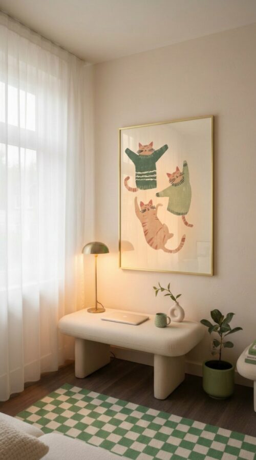 Trio of Brown Cats in Green Sweaters - Cozy Winter Art - Hygge Home Decor Print