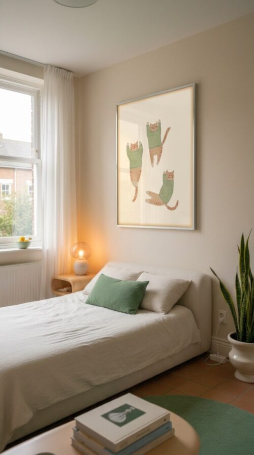 Trio of Brown Cats in Green Sweaters - Cozy Winter Art - Hygge Home Decor Print