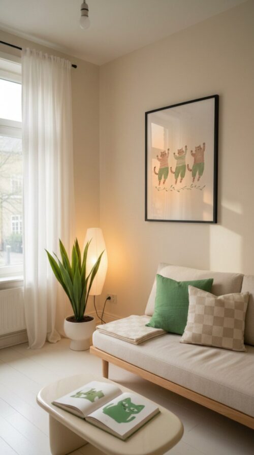 Trio of Brown Cats in Green Sweaters - Cozy Winter Art - Hygge Home Decor Print