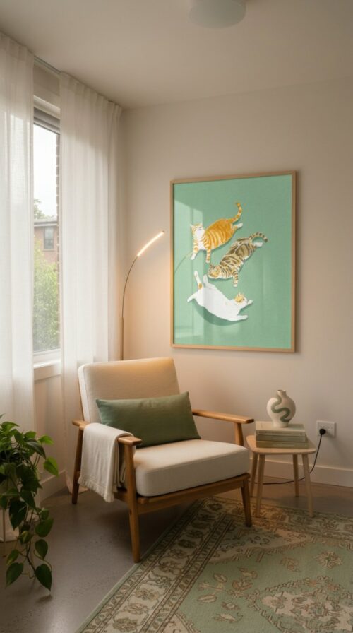 Playful Kitties Print - Jumping Cats  Art - Sage Green Kids Room