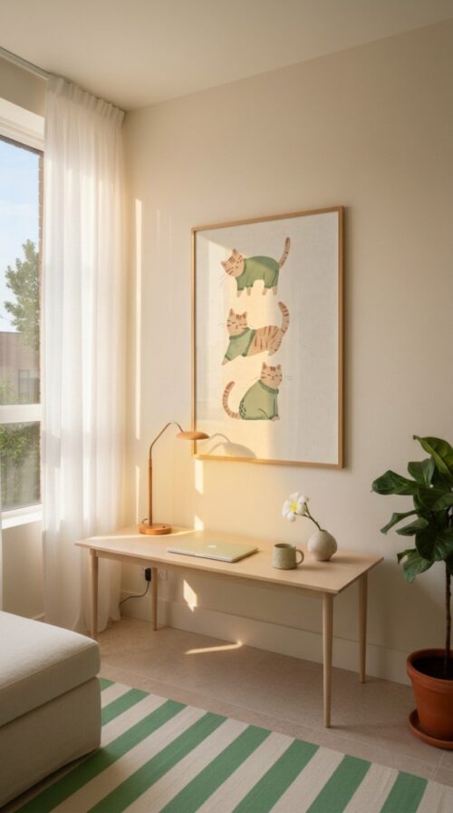 Trio of Brown Cats in Green Sweaters - Cozy Winter Art - Hygge Home Decor Print