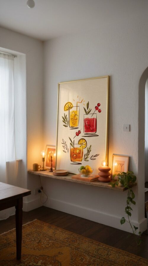 3-glass-drinks-in-sip-and-smile-004-shelf-lean Trio of Summer Cocktails - Kitchen Wall Decor - Colorful Drinks Illustration