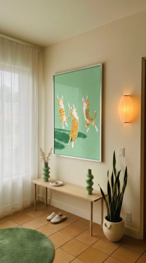 Playful Kitties Print - Jumping Cats  Art - Sage Green Kids Room