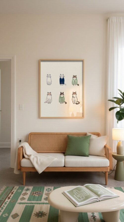 White Cats in Outfits Print - Funny Costume Art - Minimal Line Art Wall Decor
