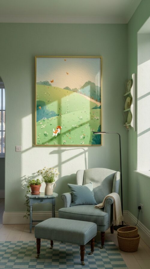 Beagle-playing-in-a-green-field-in-happy-tails-001-reading-nook Beagle Nursery Wall Decor – Cute Dog in Nature Print – Gift for Beagle Lover