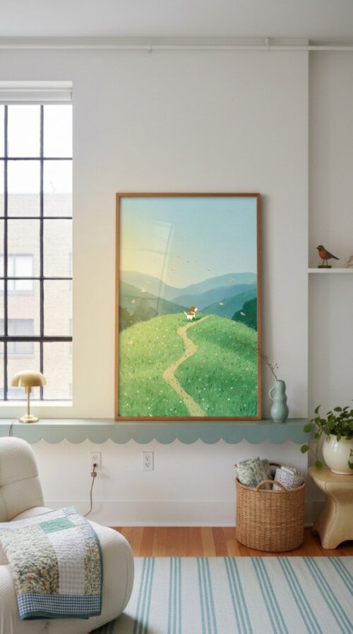 Beagle-playing-in-a-meadow-hill-in-happy-tails-002-shelf-lean Beagle Nursery Wall Decor – Cute Dog in Nature Print – Gift for Beagle Lover