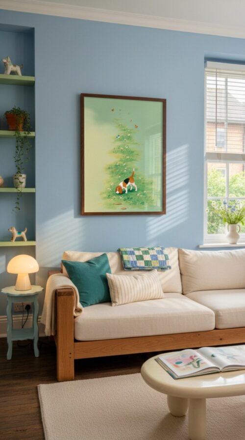 Beagle-sniffling-flower-trail-in-happy-tails-004-sofa-wall Beagle Nursery Wall Decor – Cute Dog in Nature Print – Gift for Beagle Lover