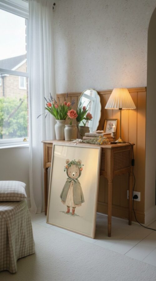 Vintage Bear Girl Art Print - Bear in Dress Illustration - Cottagecore Nursery Decor