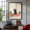 Black-cat-Tangled-wires-in-red-vinyl-002-listening-corner Confused Cat with Speakers - Funny Cat Wall Art