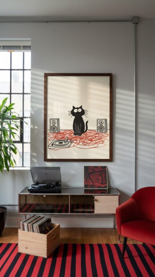 Black-cat-Tangled-wires-in-red-vinyl-002-listening-corner Confused Cat with Speakers - Funny Cat Wall Art