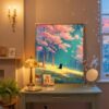 Black-cat-among-pink-blossoms-in-black-cat-woods-001-bcw-desk-quiet Black Cat in Pink Blossom Spring Forest – Fantasy Nature Decor Wall Art