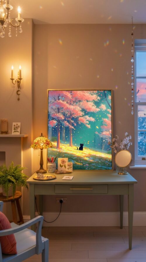 Black-cat-among-pink-blossoms-in-black-cat-woods-001-bcw-desk-quiet Black Cat in Pink Blossom Spring Forest – Fantasy Nature Decor Wall Art