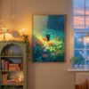 Black-cat-among-red-and-green-flowers-in-black-cat-woods-002-bcw-book-wall Black Cat & Giant Mushroom Forest – Dreamy Nature Print Decor