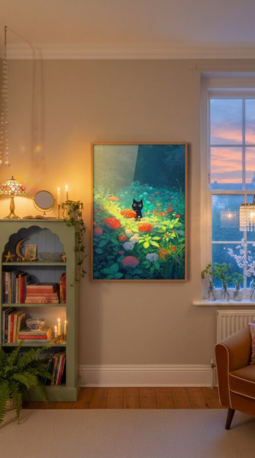Black-cat-among-red-and-green-flowers-in-black-cat-woods-002-bcw-book-wall Black Cat & Giant Mushroom Forest – Dreamy Nature Print Decor