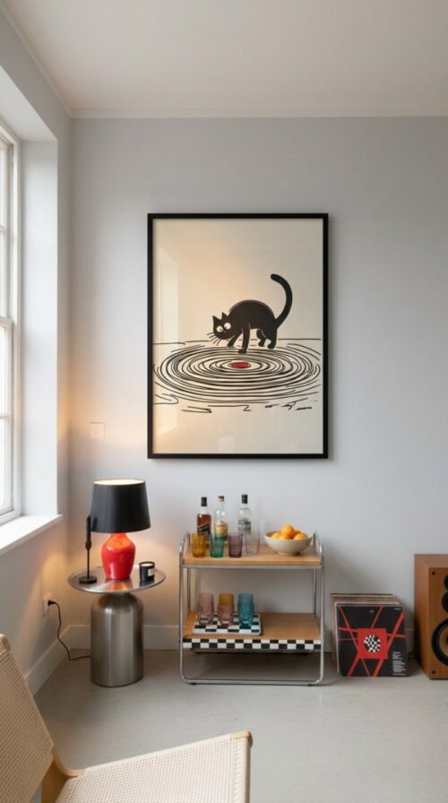 Black cat with Vinyl Red Accent - Gift for Vinyl and Cat Lover