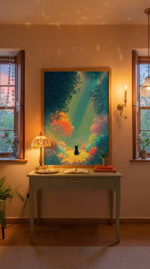 Black Cat Among Colorful Flowers & Trees – Soft Dreamy Nature Art Style