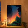 Black Cat In Firefly Glow Forest – Mystical Night Illustration Home Decor