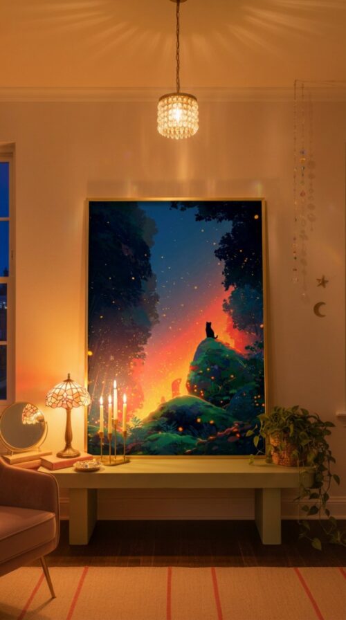 Black Cat In Firefly Glow Forest – Mystical Night Illustration Home Decor