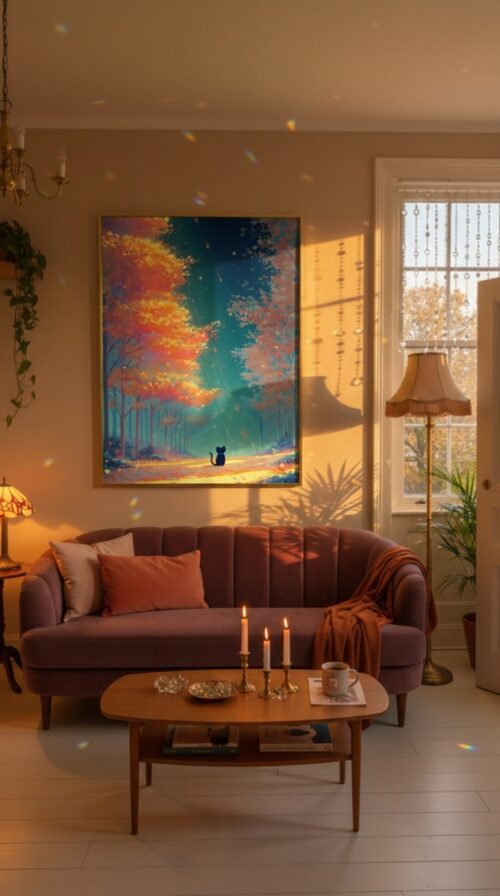 Black-cat-between-autumn-trees-in-black-cat-woods-005-bcw-sofa-evening Black Cat Forest Wall Art – Autumn Tree Forest – Cozy Woodland Printable Art