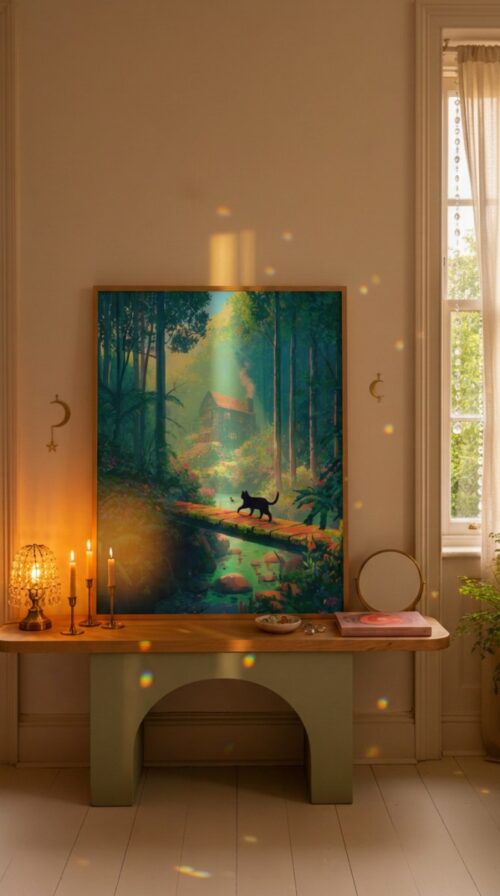 Black-cat-crossing-the-bridge-in-black-cat-woods-006-bcw-console-lean Black Cat on Cabin Path in the Forest – Cottagecore Woodland Illustration