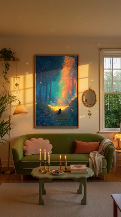 Black Cat In Firefly Glow Forest – Mystical Night Illustration Home Decor