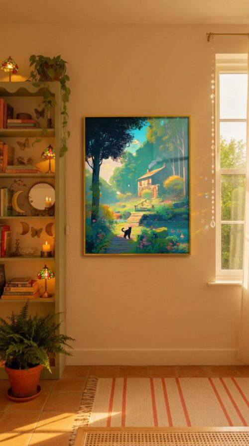 Black-cat-heading-to-the-cabin-in-black-cat-woods-008-bcw-book-wall Black Cat on Cabin Path in the Forest – Cottagecore Woodland Illustration