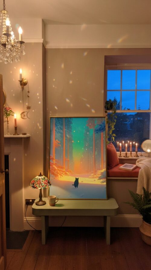 Black Cat Walking in the Magical Winter Night Forest – Mystical Night Art
