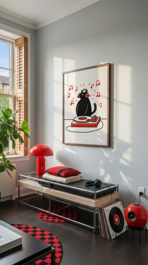 Black Cat Headphones Print - Vinyl Record DJ Wall Art