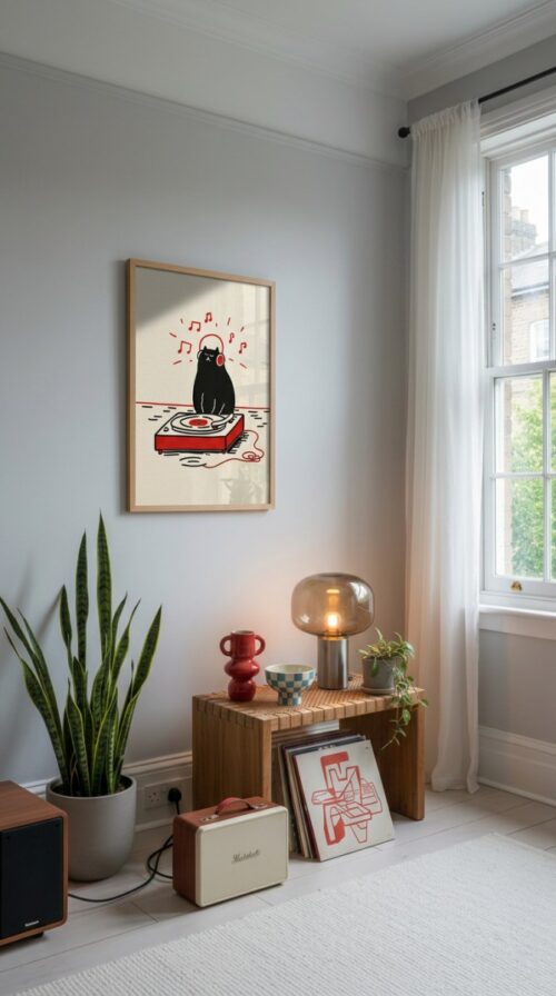 Black Cat Headphones Print - Vinyl Record DJ Wall Art