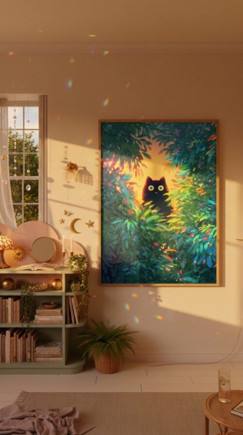 Black Cat in Deep Summer Green Forest – Atmostpheric Nature Art