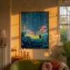 Black Cat In Firefly Glow Forest – Mystical Night Illustration Home Decor