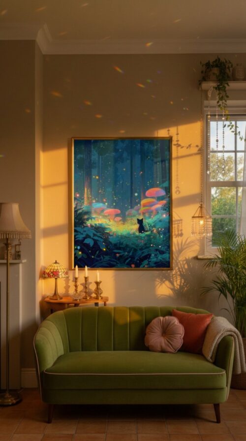 Black Cat In Firefly Glow Forest – Mystical Night Illustration Home Decor