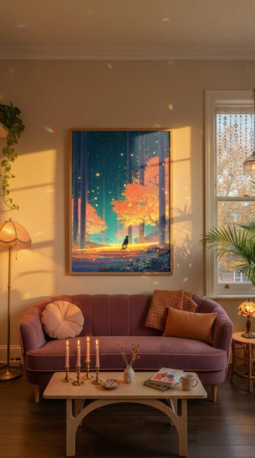 Black-cat-in-magical-golden-forest-in-black-cat-woods-014-bcw-sofa-evening Black Cat Forest Wall Art – Autumn Tree Forest – Cozy Woodland Printable Art