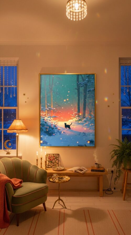 Black Cat Walking in the Magical Winter Night Forest – Mystical Night Art