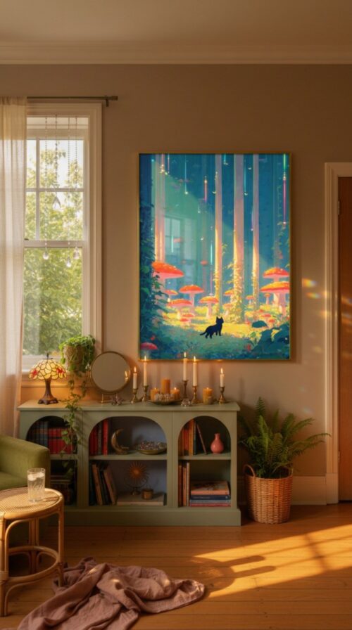 Black-cat-in-mushroom-forest-in-black-cat-woods-017-bcw-book-wall Black Cat & Giant Mushroom Forest – Dreamy Nature Print Decor