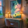 Black-cat-in-spring-time-in-black-cat-woods-019-bcw-desk-quiet Black Cat in Pink Blossom Spring Forest – Fantasy Nature Decor Wall Art