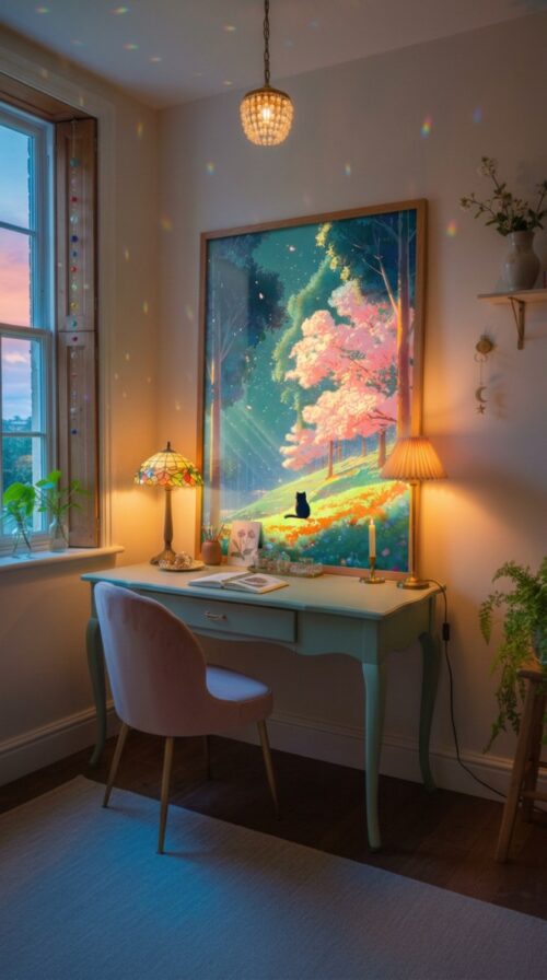 Black-cat-in-spring-time-in-black-cat-woods-019-bcw-desk-quiet Black Cat in Pink Blossom Spring Forest – Fantasy Nature Decor Wall Art