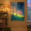 Black Cat Among Colorful Flowers & Trees – Soft Dreamy Nature Art Style