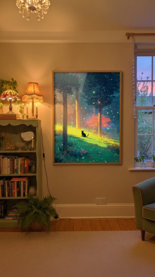 Black Cat Among Colorful Flowers & Trees – Soft Dreamy Nature Art Style