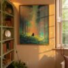 Black Cat Among Colorful Flowers & Trees – Soft Dreamy Nature Art Style