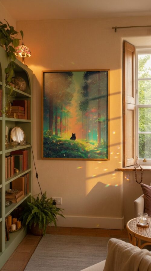 Black Cat Among Colorful Flowers & Trees – Soft Dreamy Nature Art Style