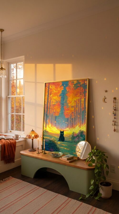 Black-cat-inbetween-golden-trees-in-black-cat-woods-024-bcw-console-lean Black Cat Forest Wall Art – Autumn Tree Forest – Cozy Woodland Printable Art