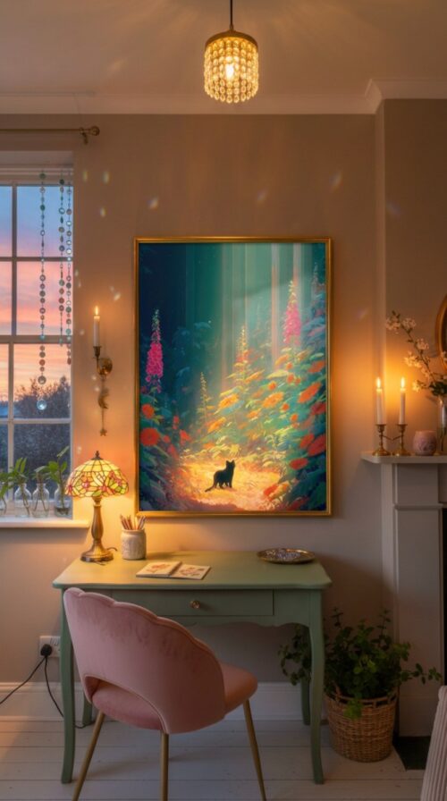 Black Cat among the Colorful Flower Woodland – Fantasy Nature Illustration
