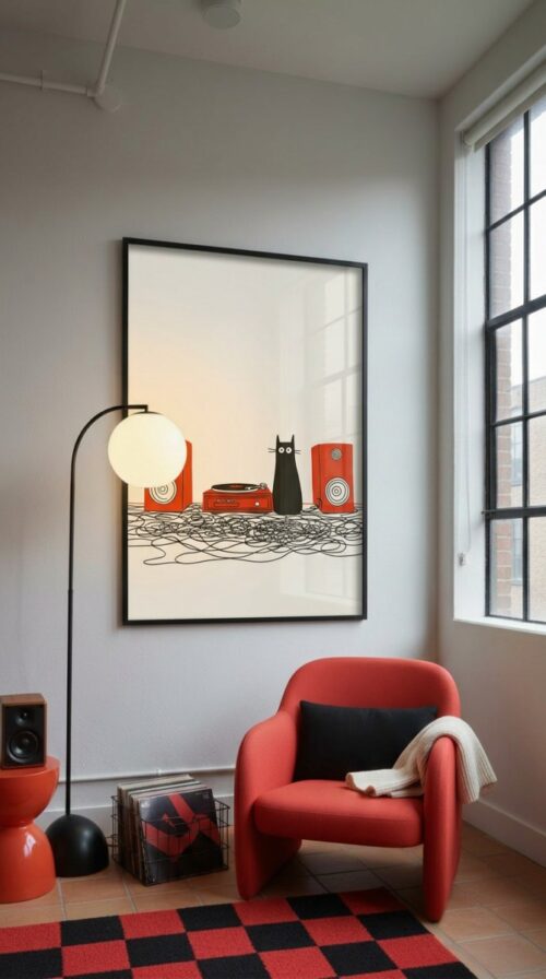 Black-cat-messy-wires-in-red-vinyl-008-reading-nook Confused Cat with Speakers - Funny Cat Wall Art
